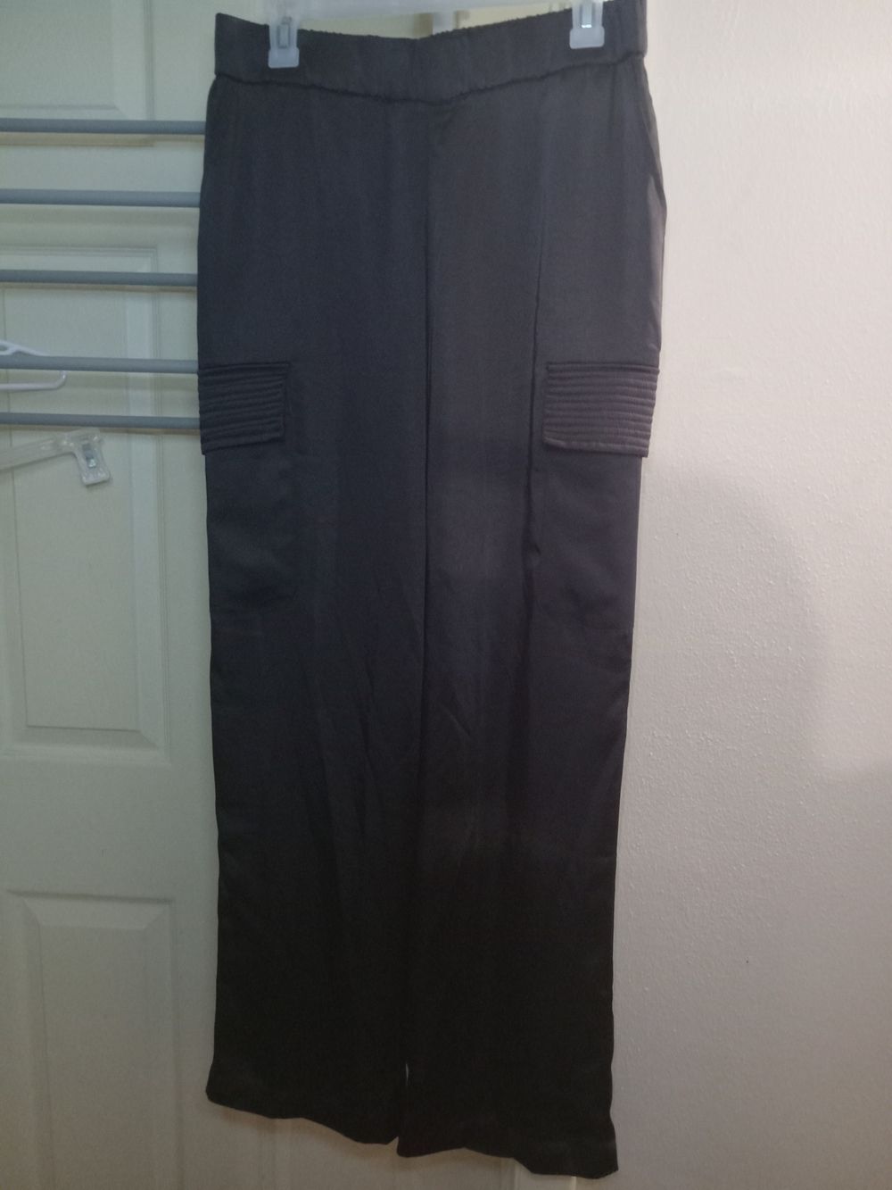Black Satin Cargo Pants with Ribbed Knee Pockets, Medium